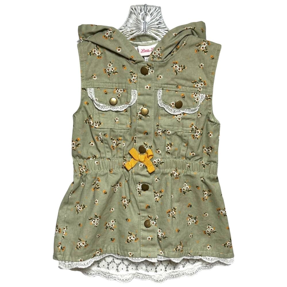Little Lass Cotton Hooded Vest Lace Sage Green Floral 5